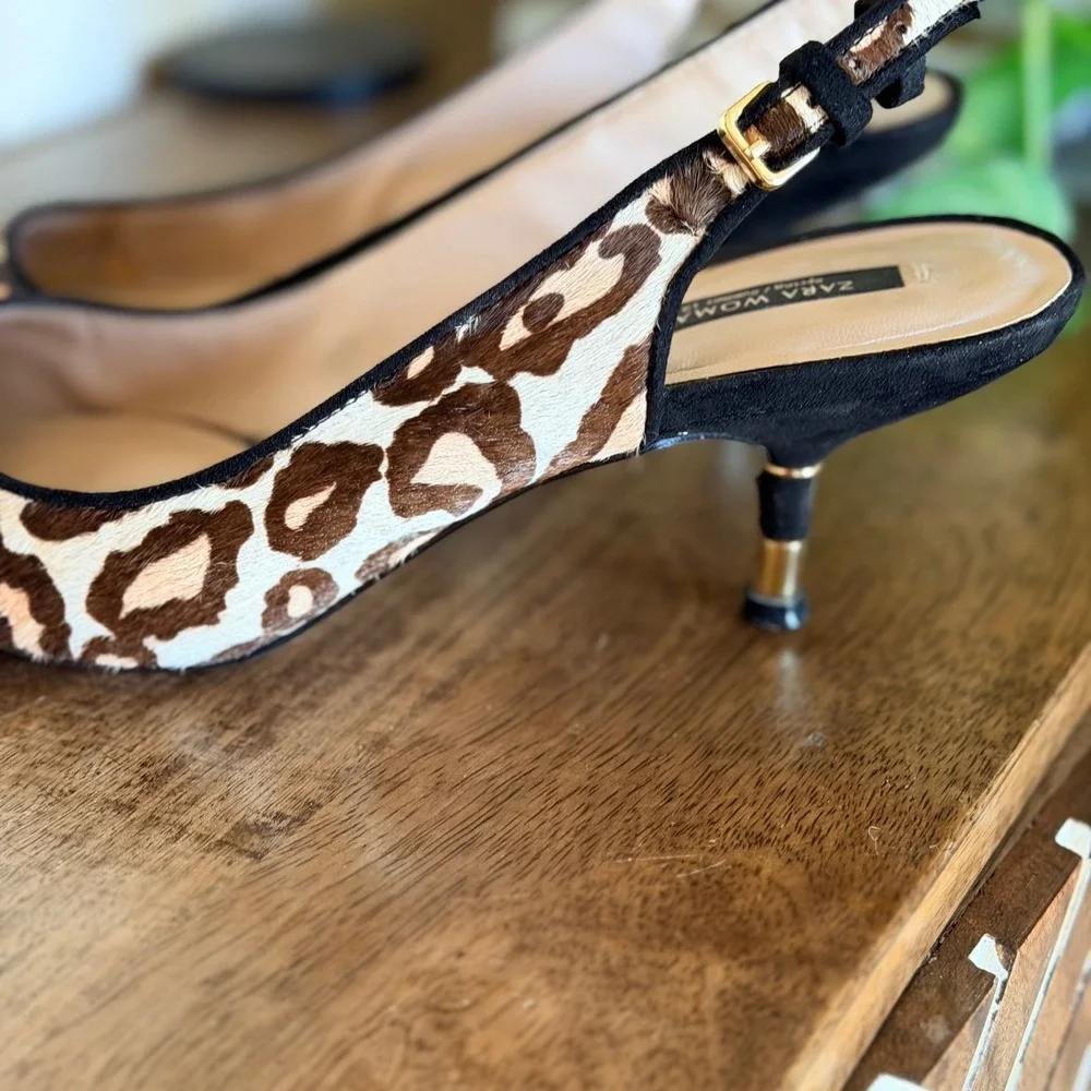 Zara Woman Slingback Heels Womens 38 Leopard Print Calf Hair Kitten Heel Pointed